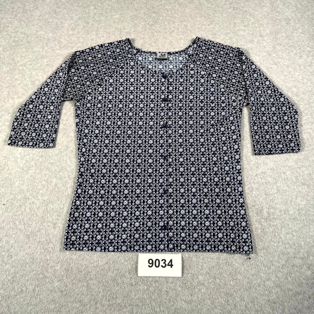 Jonathan Martin Blouse Top Women Small Blue White Floral Scoop Neck Button Front